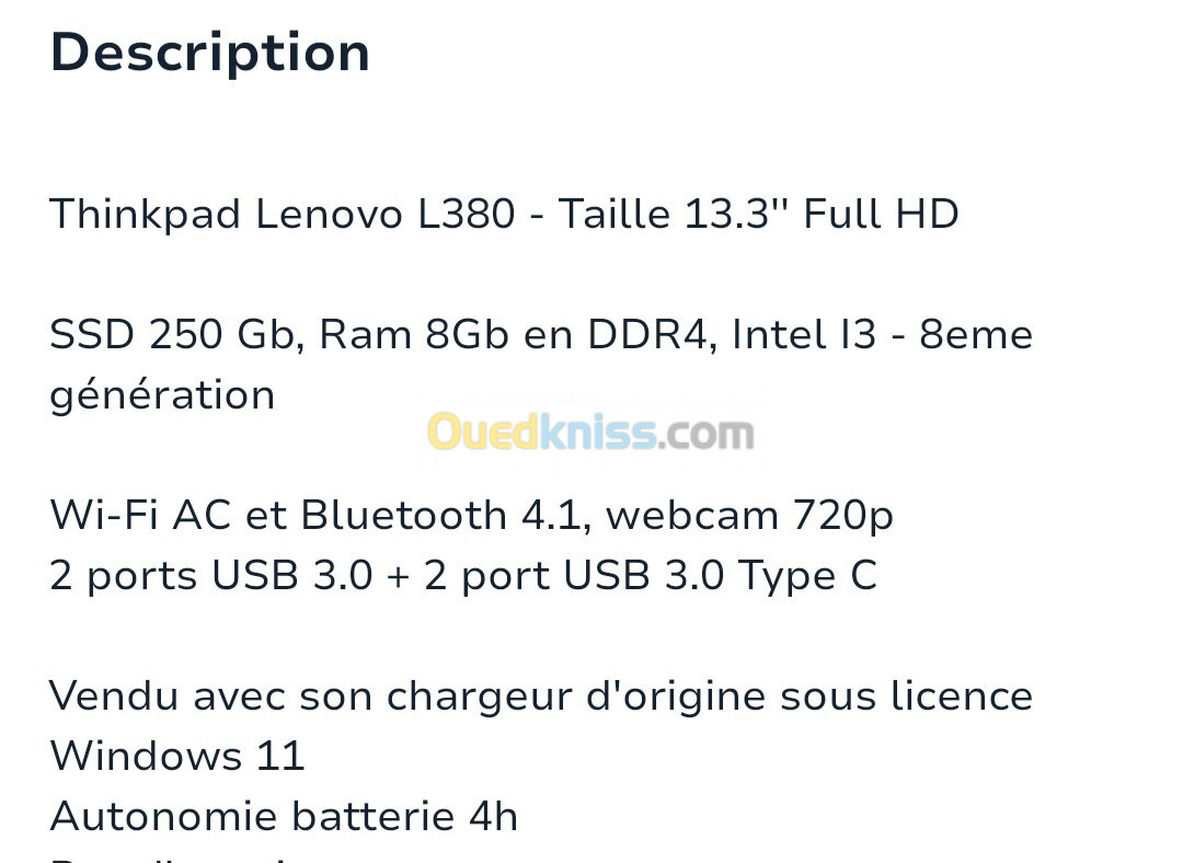 Lenovo Thinkpad L380 i3 8eme 256ssd 