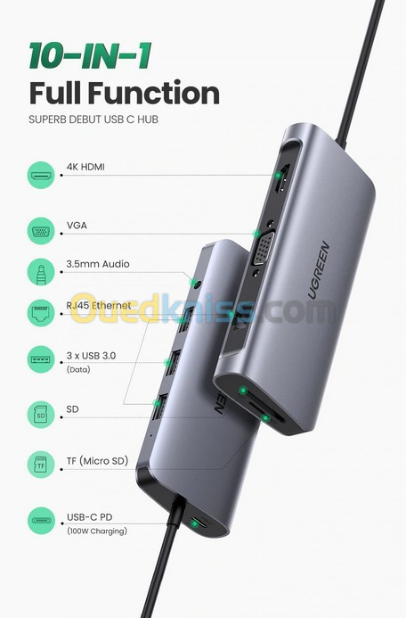 UGREEN – HUB USB-C To HDMI-VGA 10 Ports - Algiers Algeria