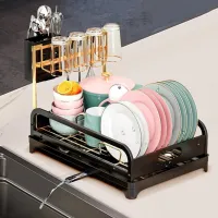Égouttoir à Vaisselle Moderne avec Système de Drainage Réglable, Noir et Doré 