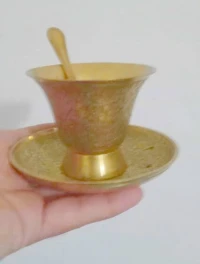 tasse de cafe + sous tasse + cuillère en cuivre أواني نحاسية  