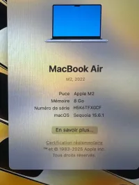 MacBook Air M2 2022 8go 256ssd cycle 56