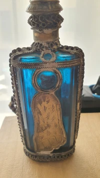 Mreche Oriental, Ancien Aspersoir Eau de rose, lance parfum en verre bleu cobalt et métal argenté