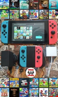 NINTENDO SWITCH FLASHÉE + MINI DOCK TV + CHARGEUR D'ORIGINE + SUPPORT JOYCONS + 24 JEUX INSTALLÉS *
