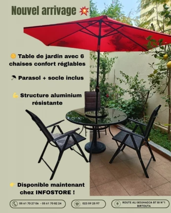 TABLE JARDIN 06 CHAISES AVEC PARASOL IMPORTATION MALAISIE