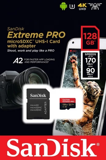Carte memoire SD Extreme Pro 128Go 170 Mo/s, A2, U3, V30, haute vitesse + adaptateur