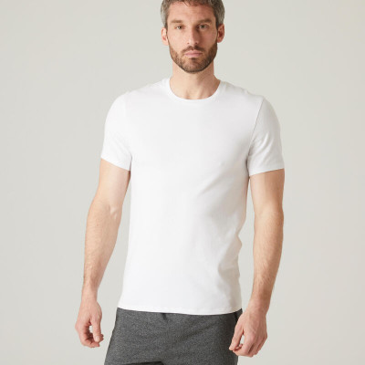 DOMYOS T-shirt fitness manches courtes slim coton extensible col rond homme blanc