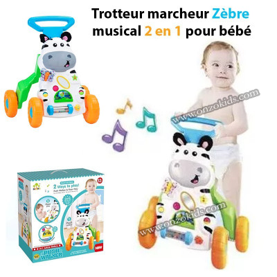 Trotteur marcheur Zèbre musical 2 en 1 pour bébé