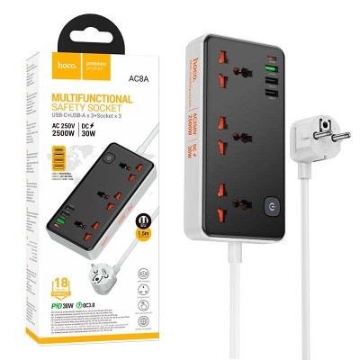 Multiprise Rallonge chargeur Multifonction 3 x Prise + 3 x USB QC3.0 + 1 x Type-C PD 30W HOCO AC8A