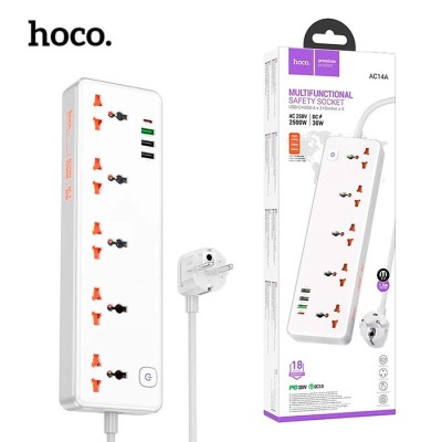 Multiprise rallonge universelle Chargeur HOCO AC14A 5 Prise 2500W + 3 USB QC3.0 + 1 Type-C PD 30W
