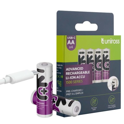 4 x Pile rechargeable UNIROSS Lithium AA USB-C 1.5V - U322057
