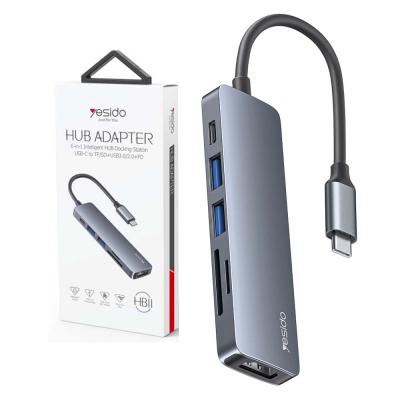 HUB Adaptateur 6 en 1 Type-c vers HDMI 4K + PD 60W USB-C + 2 x USB 3.0 + TF/SD YESIDO HB11