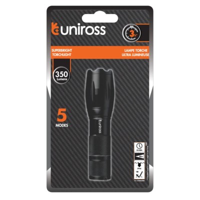 Torche Lampe de poche UNIROSS 10W avec pile Rechargeable 18650 2000mAh LED 350lm ULFL010