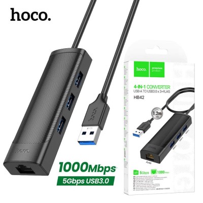 HOCO HB42 HUB 4 en 1 Type-s USB-C vers RJ45 1000Mbps + 3 x USB 3.0 1.2m