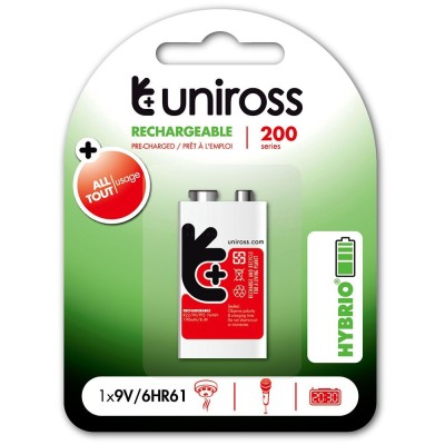 Pile Rechargeable UNIROSS 9V PP3 200mAh HYBRIO pre-charged 