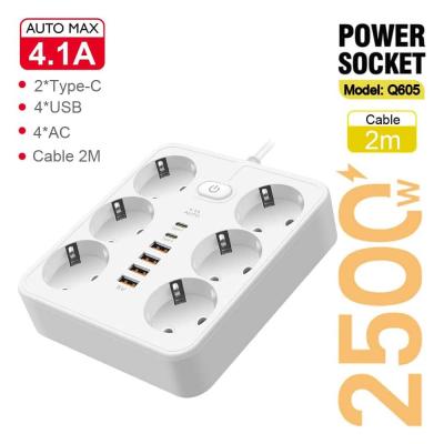 Multiprise Rallonge 6 Ports Prise AC 2500W + Chargeur AUTO-ID 4.1A 4 x USB + 2 x USB-C 2m Q605