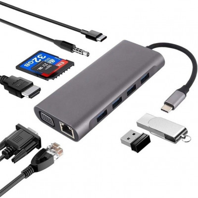 Adaptateur HUB 11 en 1 USB-C to HDMI + RJ45 + Type-C + SD + MICRO SD + 4 * USB 3.0 + AUDIO + VGA