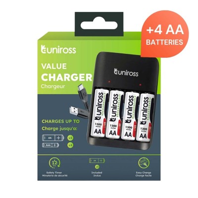 Chargeur de pile UNIROSS Value AAA / AA By USB-C + 4 x Pile AA 1300 Series - UCU010A