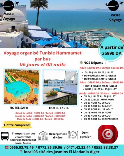 Voyage organisé Tunisie hammamet par bus 06 jours 05 nuits mois de juillet et août à partir de 34990