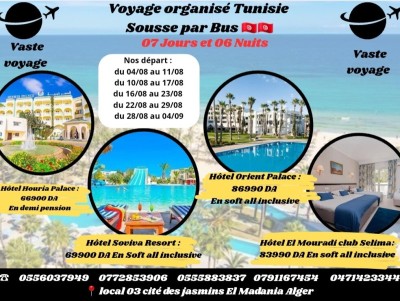 Voyage organisé Sousse par bus 07 jours/06nuits hotel 04 etoile aux choix a partire de 66900 dzd 