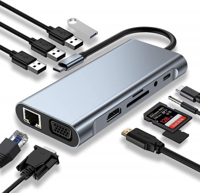 Adaptateur HUB USB Type-C vers RJ45 Gigabit & HDMI 4K & VGA & USB 3.0 11 en 1