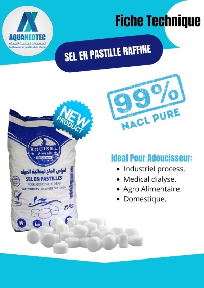 Sel pastille pour adoucisseur 99.9% pure d'eau en sac de 25Kg.