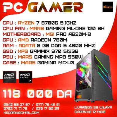 PC GAMER - MSI PRO A620M-B - RYZEN 7 8700G - 8GO DDR5 - 512GO - ML-ONE 120 - MPB 550W - MC-U3 BLACK