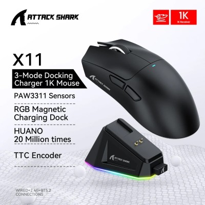 ATTACK SHARK X11- SOURIS FILAIRE & SANS FIL - BLUETOOTH - 5 BOUTONS - 22000 DPI - 1KHZ - RGB - BLACK