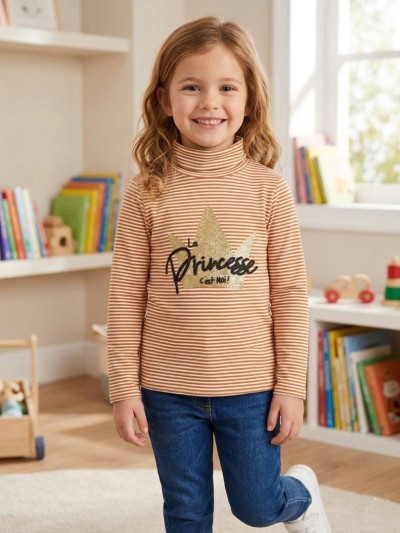 Vertbaudet, Haut Col Roulé Fille Motifs à Paillettes, Camel Rayé, Produit Original