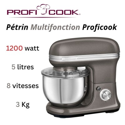 Robot Pétrin Proficook Multifonction 8 Vitesse 5L 3kg 1200W - Gris/Rouge