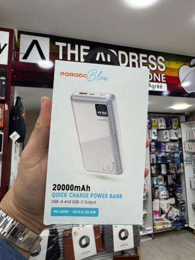 Power Bank Batterie externe Porodo Blue 20 000 mAh à charge rapide avec sorties USB-A et USB-C