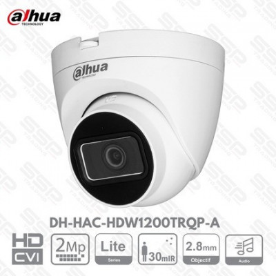 Camera dahua HDCVI Dôme, 2MP, Objectif 2.8mm, IR:25m, Audio,DH-HAC-HDW1200TRQP-A