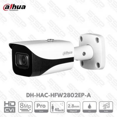 Camera HDCVI Bullet, 8MP, Objectif 2.8mm, IR:40m, Audio, série PRO,DH-HAC-HFW2802EP-A