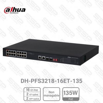 Switch 16 Port Fast Ethernet PoE 135W, 2 x Gigabit Combo (RJ45/SFP), non mangeable, rackable