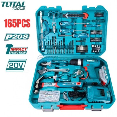 caisse outils à main TOTAL 165PCS avec visseuse perceuse à percussion sans fil 20V 2.0ah