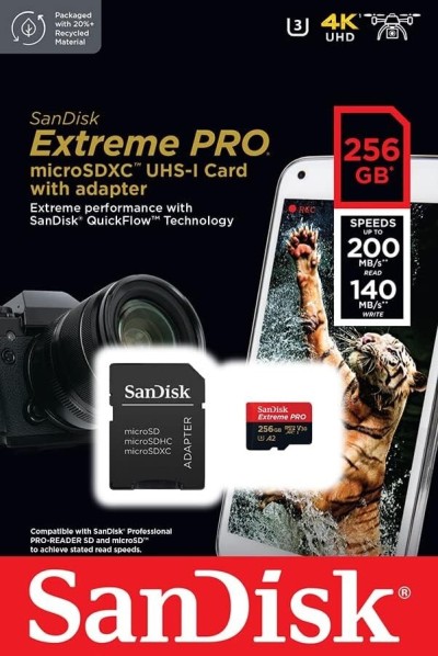 SanDisk Extreme Pro 256Go,4K UHD, 200Mo/s en lecture et 140Mo/s en écriture, carte microSD UHS-I