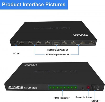 Splitter HDMI 1 entrée vers 8 Sorties,Ultra HD jusqu'à 4Kx2K et 3D pour projecteur,HDTV,STB,DVD