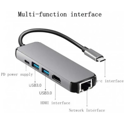 Hub USB 5EN1 LAN RJ45/USB3.0/USB3.1/PD Chargeur USB-C/HDMI VERS TYPE C 