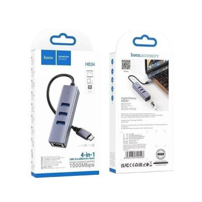 HUB TYPE C 4EN1 3*USB3.0 RJ45 1000MBPS HB34-HOCO