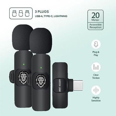 SOLO/DOUBLE Microphone sans fil Green Lion 3en1(USB-A, Type-C et Lightning) (20 mètres)