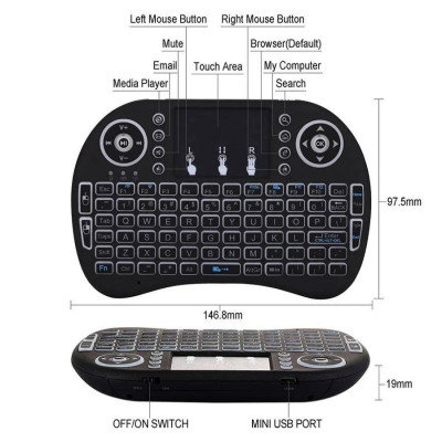 Mini-clavier sans fil avec pavé tactile Souris Air mouse + batterie rechargeable - NOIR