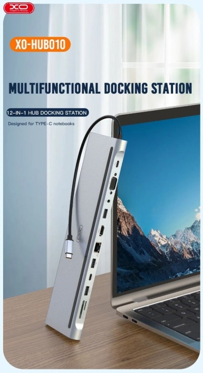 HUB XO HUB010 12en1 HDMI/VGA/2*USB3.0/2*USB2.0/Micro SD/SD/RJ45/mini-jack/Type C/Type C100W