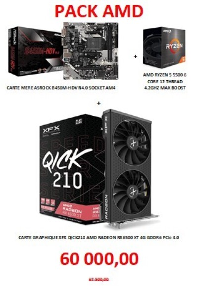 PACK AMD CARTE MERE ASROCK B450M-HDV + RYZEN 5 5500 BOX + GPU XFX AMD RADEON RX6500 XT 4G GDDR6