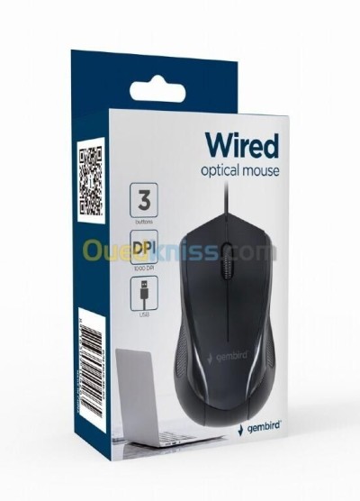 GEMBIRD SOURIS OPTICAL MUS-3B-02 - FILARE - 3 BOUTTONS - 1000 DPI - USB - LIGHTWEIGH - BLACK 