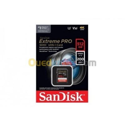 SANDISK EXTREME PRO 512 GB - CARTE SDXC UHS-I - VIDEO 4K UHD - 200MO/S LECTURE - BLACK