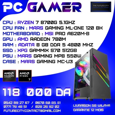 PC GAMER - MSI PRO A620M-B - RYZEN 7 8700G - 8GO DDR5 - 512GO - ML-ONE 120 - MPB 550W - MC-U3 BLACK