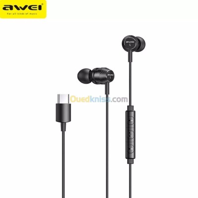 Ecouteur  Type-C USB-C AWEI TC-5 avec microphone et boutons de commande 1.2m pour smartphone