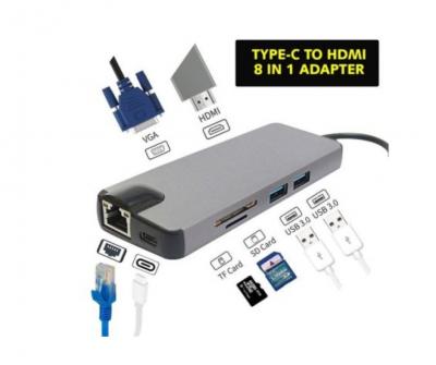 ADAPTATEUR TYPE-C MALE RJ45 / SD CARD /TF CARD / 2USB 3.0/ HDMI 4K / VGA / TYPE-C 