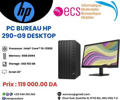 ORDINATEUR DE BUREAU HP PRO TOWER 290-G9 Desktop I5-12500 / 08 GB / SSD512 / ECRAN P204V 22"