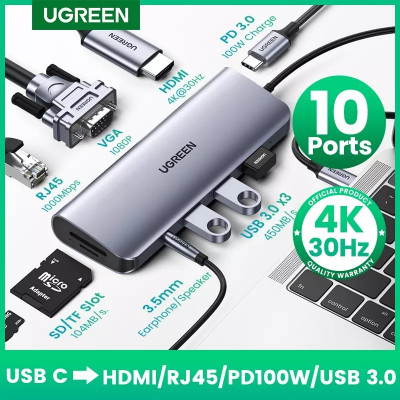 PROMO Adaptateur HUB Ugreen 10 In 1 USB-C Type-C To HDMI VGA RJ45 SD/TF 3 / USB 3.0 Type-C PD 