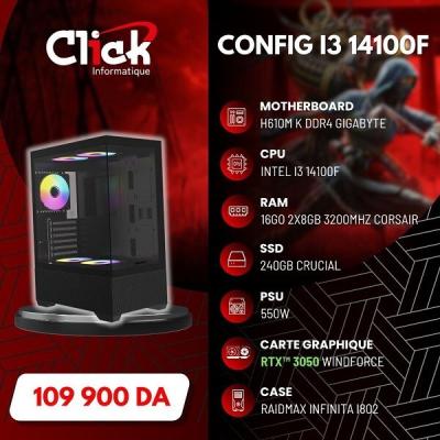 CONFIG / I3-14100F/ 16GB RAM/ 240GB SSD/ H610M K /RTX 3050 WINDFORCE /550W PSU /I802 BLACK